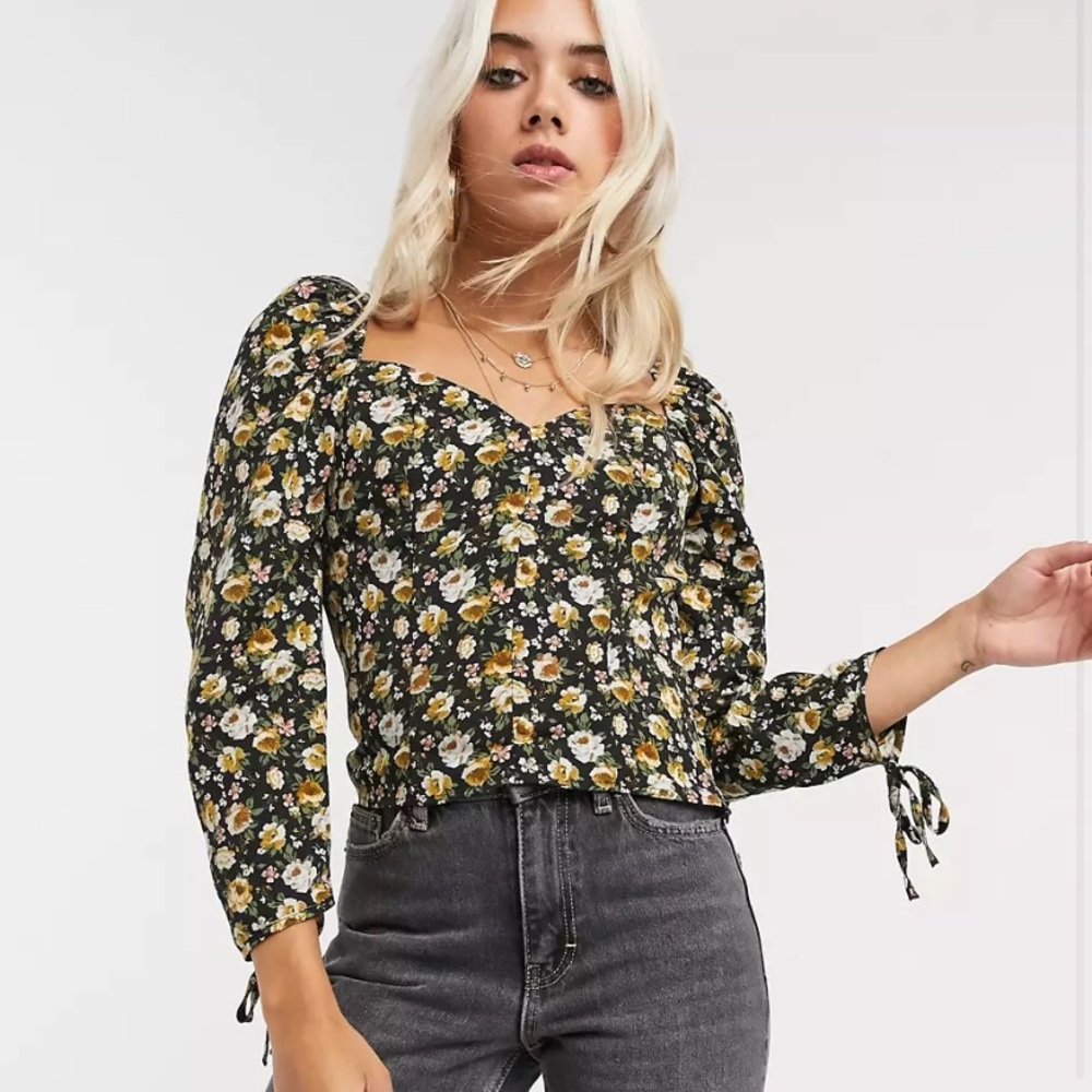 Topshop Petite floral prairie top in yellow and black